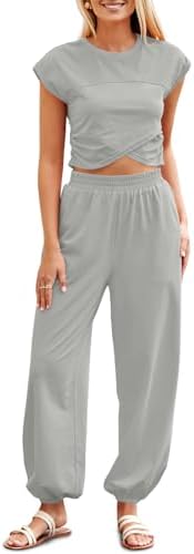 Fisoew Women's Two Piece Outfits Casual Lounge Sets Crop Tops and Joggers Tracksuit with Pockets