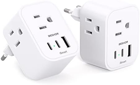 【2-Pack】 European Travel Plug Adapter, International Power Plug Adapter with 3 Outlets 3 USB Charging Ports(2 USB C), Type C Plug Adapter Travel Essentials to Most Europe Spain Italy France Germany