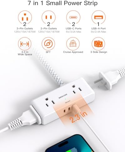 Flat Extension Cord 6 feet, Flat Plug Power Strip, 4 Widely Outlets with 3 USB Ports (2 USB C), 3 Side Outlet Extender with Extension Cord with Multiple Outlets for Home, Office, Dorm Room Essentials - Image 3