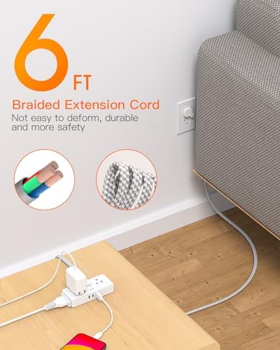 Flat Extension Cord 6 feet, Flat Plug Power Strip, 4 Widely Outlets with 3 USB Ports (2 USB C), 3 Side Outlet Extender with Extension Cord with Multiple Outlets for Home, Office, Dorm Room Essentials - Image 2