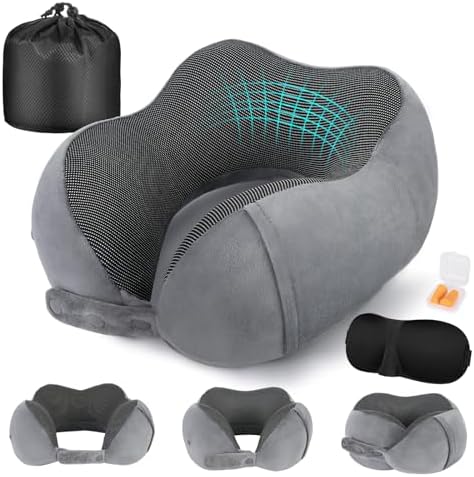 Neck Pillow for Traveling, Travel Pillows for Airplanes,100% Pure Memory Foam Travel Neck Pillow, Adjustable Flight Pillow, Portable Plane Accessories with Eye Mask, Earplugs, Carry Bag