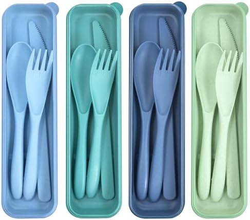 4 Sets Reusable Utensils Set with Case, Travel Utensils with Case, Reusable Utensils for Lunch Box accessories, Portable Knife Fork and Spoon Lunch Utensils Set for Travel Daily Use