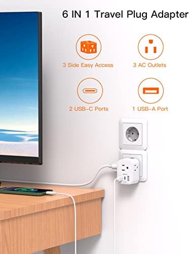 【2-Pack】 European Travel Plug Adapter, International Power Plug Adapter with 3 Outlets 3 USB Charging Ports(2 USB C), Type C Plug Adapter Travel Essentials to Most Europe Spain Italy France Germany - Image 2