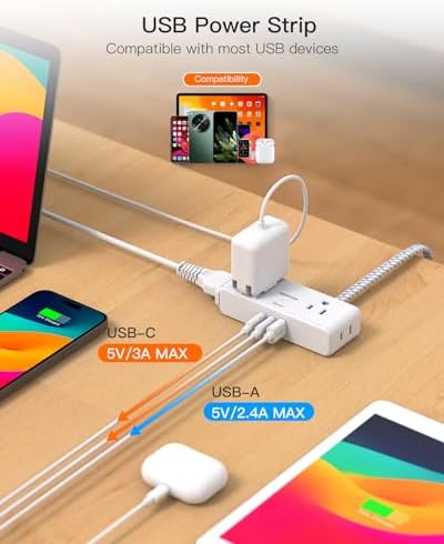 Flat Extension Cord 6 feet, Flat Plug Power Strip, 4 Widely Outlets with 3 USB Ports (2 USB C), 3 Side Outlet Extender with Extension Cord with Multiple Outlets for Home, Office, Dorm Room Essentials - Image 6