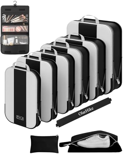10 Set Compression Packing Cubes for Travel Essentials,Compressible Expandable Packing Cubes for Suitcase,OlarHike Luggage Organizer Bags for Travel,Handy Helper for Organizing Clothes(Black)