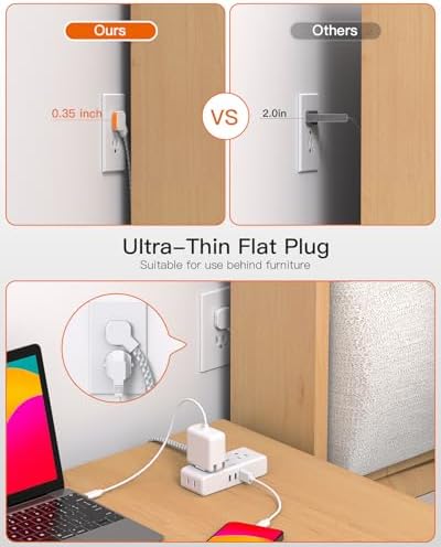 Flat Extension Cord 6 feet, Flat Plug Power Strip, 4 Widely Outlets with 3 USB Ports (2 USB C), 3 Side Outlet Extender with Extension Cord with Multiple Outlets for Home, Office, Dorm Room Essentials - Image 4