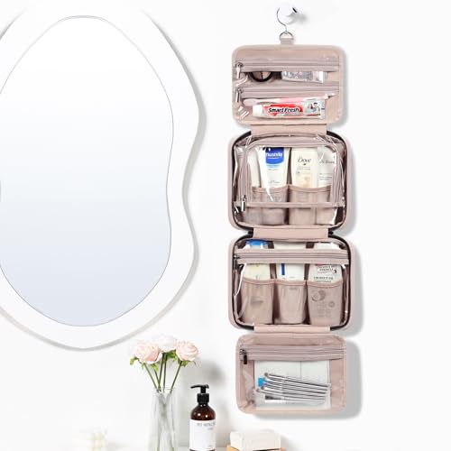 NISHEL Travel Toiletry Bag for women, Portable Hanging Organizer for Travel-Sized Shampoo, Conditioner, Brushes Set, makeup Accessories, Medium Size, Pink - Image 2