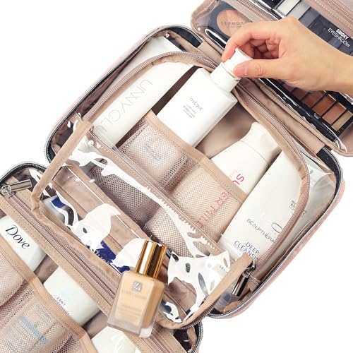 NISHEL Travel Toiletry Bag for women, Portable Hanging Organizer for Travel-Sized Shampoo, Conditioner, Brushes Set, makeup Accessories, Medium Size, Pink - Image 5