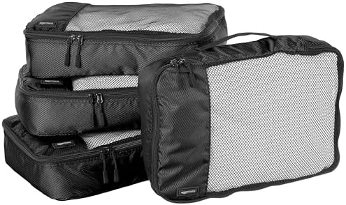 Amazon Basics Lightweight Packing Cubes for Travel, 4 Piece Set With Double Zipper Pulls and Mesh Top Panel, 100% Durable Polyester, Medium, Black