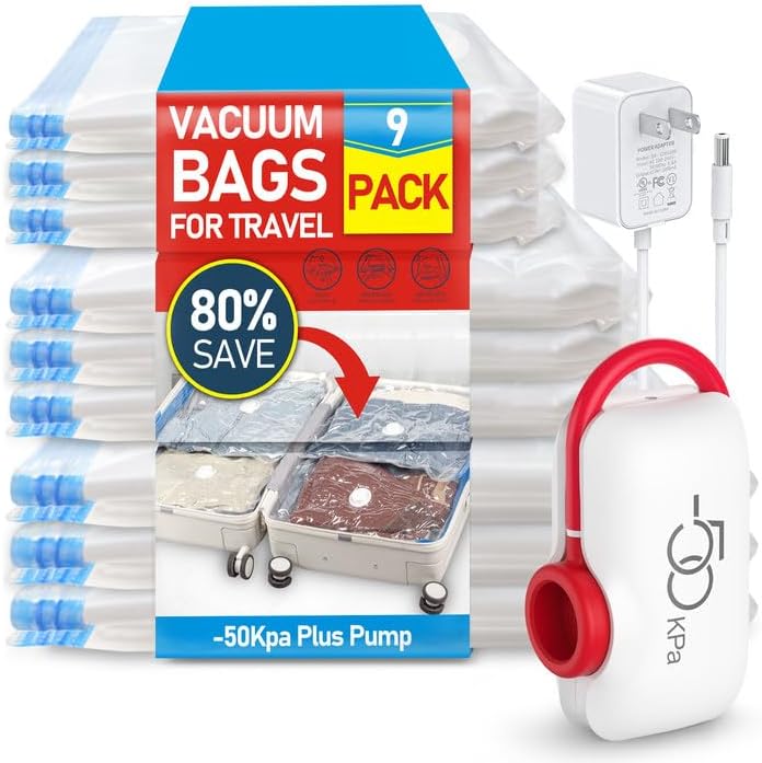 VMstr 9 Pack Vacuum Storage Bags for Travel, Carry-on Size for Luggage Compression Packing, Space Saver Bags for Clothes and Clothing, High Pressure Electirc Pump, (D/C power)